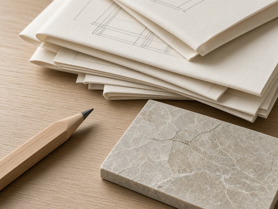 Pencil, folded plans, and a stone sample on a pale oak table
