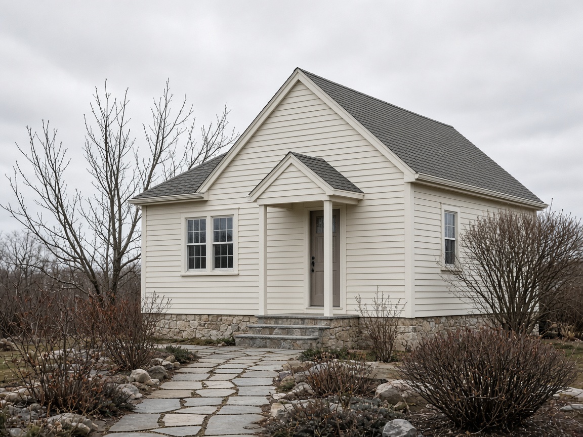 Pale cape house with a simple gable and stone walk