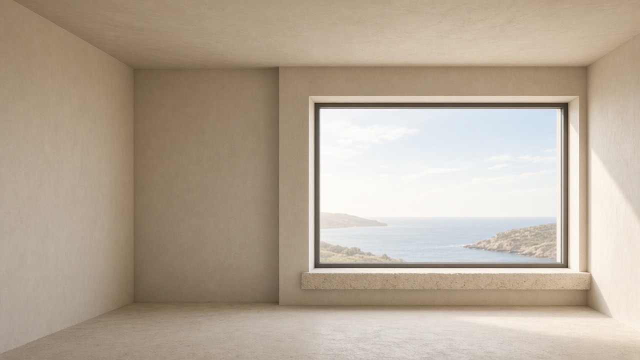 Unfinished room with one large window and a stone sill