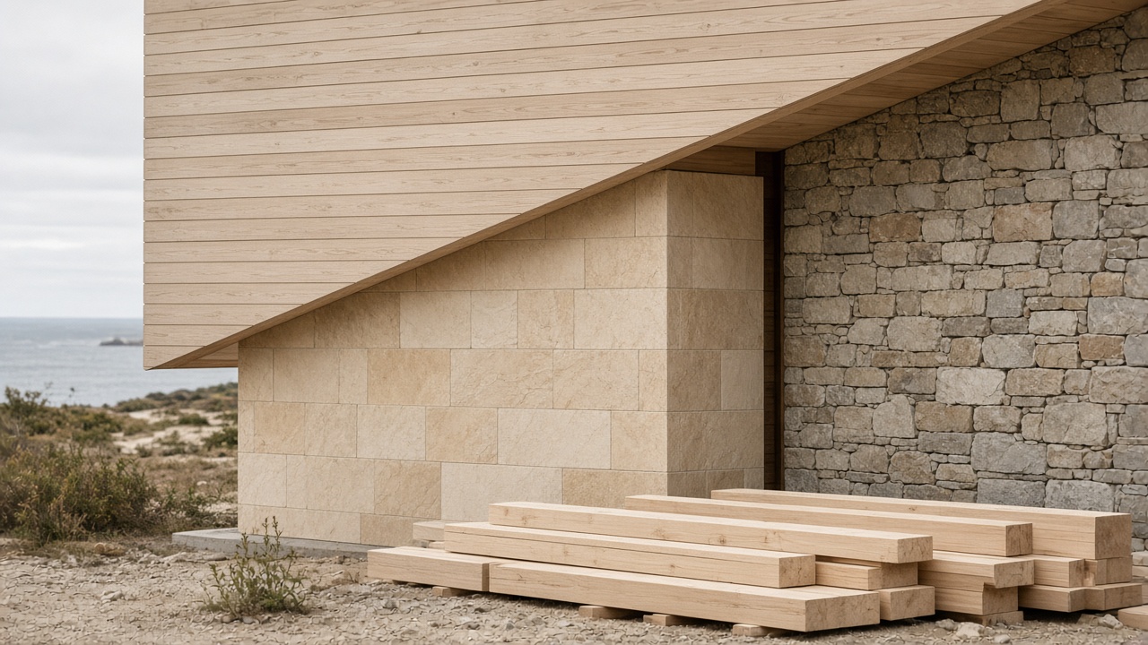 Geometric study of a framed Plymouth house in warm stone light