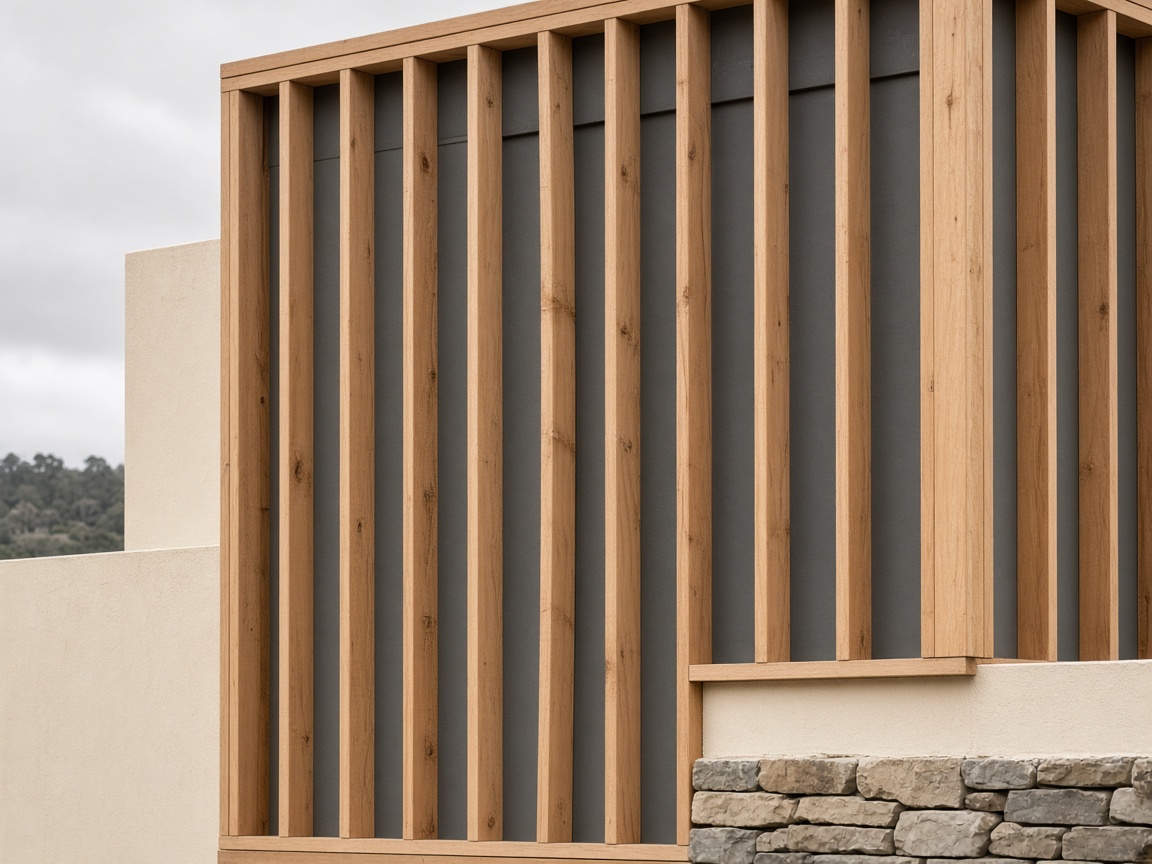 Evenly spaced wall studs in warm cedar and gray light